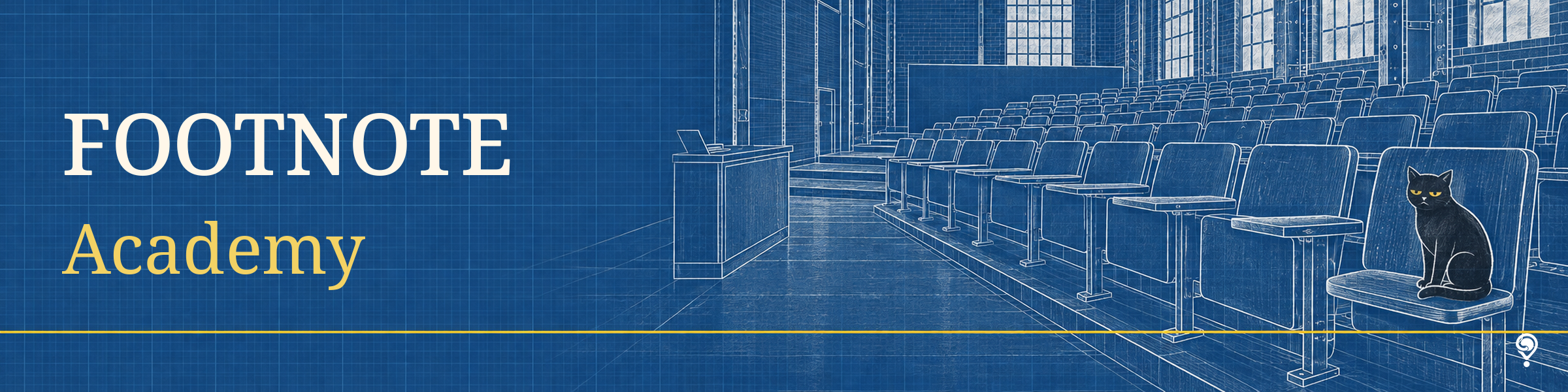 FOOTNOTE Academy. Blueprint factory lecture hall with rows of chairs and Footnote the cat.